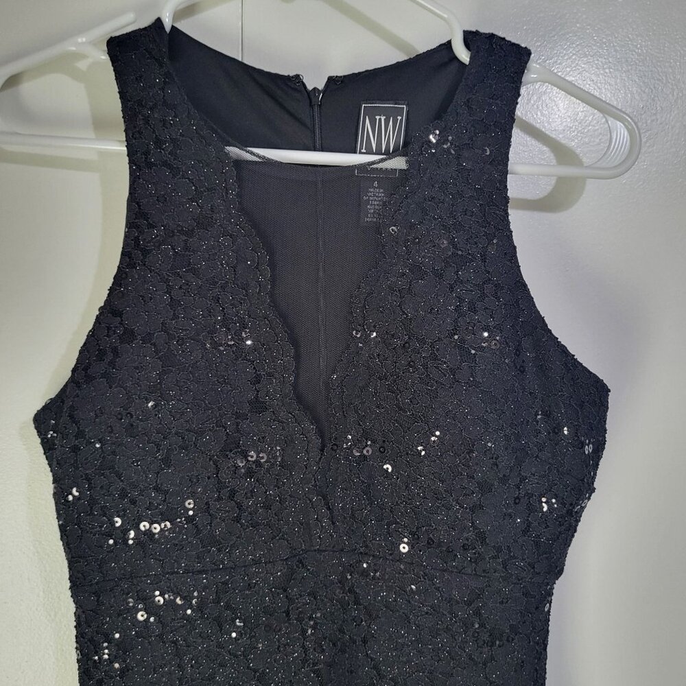 NIGHTWAY Womens SZ 4 Lace Sequin Sleeveless Little Black Dress Prom Cocktail Got - Picture 4 of 11